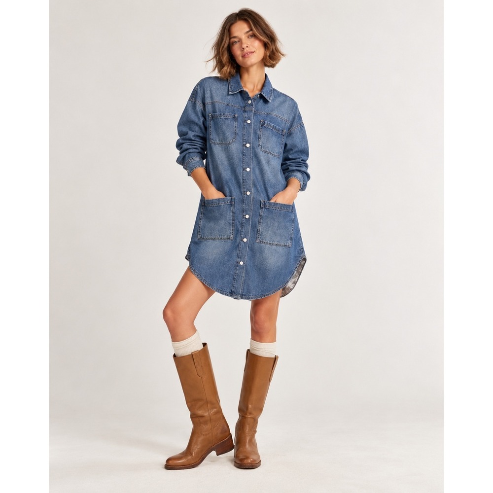 Pilcro Anthropologie Denim Shirt Dress M Oversized Duster Chore Utility Jacket